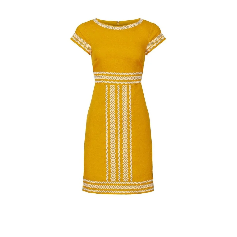 Boden Laura Linen Embroidered Mustard Yellow Linen Shift Dress US 8R